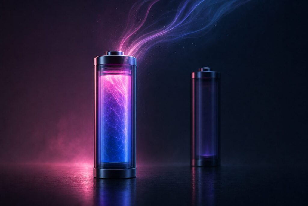 Illustration of two battery cells, one glowing brightly with light streaming out and one much dimmer