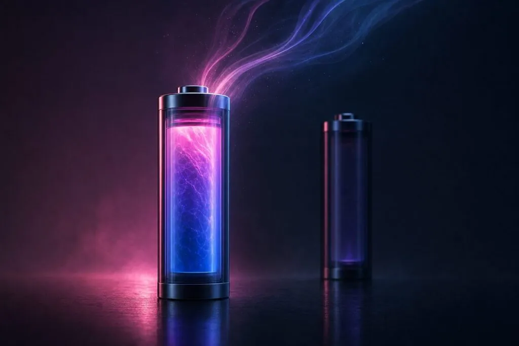 Illustration of two battery cells, one glowing brightly with light streaming out and one much dimmer