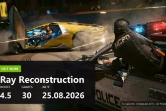 NVIDIA DLSS 4.5 Ray Reconstruction key visual over a Cyberpunk 2077 screenshot