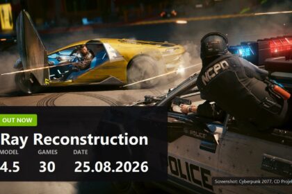 NVIDIA DLSS 4.5 Ray Reconstruction key visual over a Cyberpunk 2077 screenshot