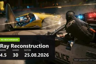 NVIDIA DLSS 4.5 Ray Reconstruction key visual over a Cyberpunk 2077 screenshot