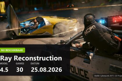 NVIDIA DLSS 4.5 Ray Reconstruction key visual over a Cyberpunk 2077 screenshot