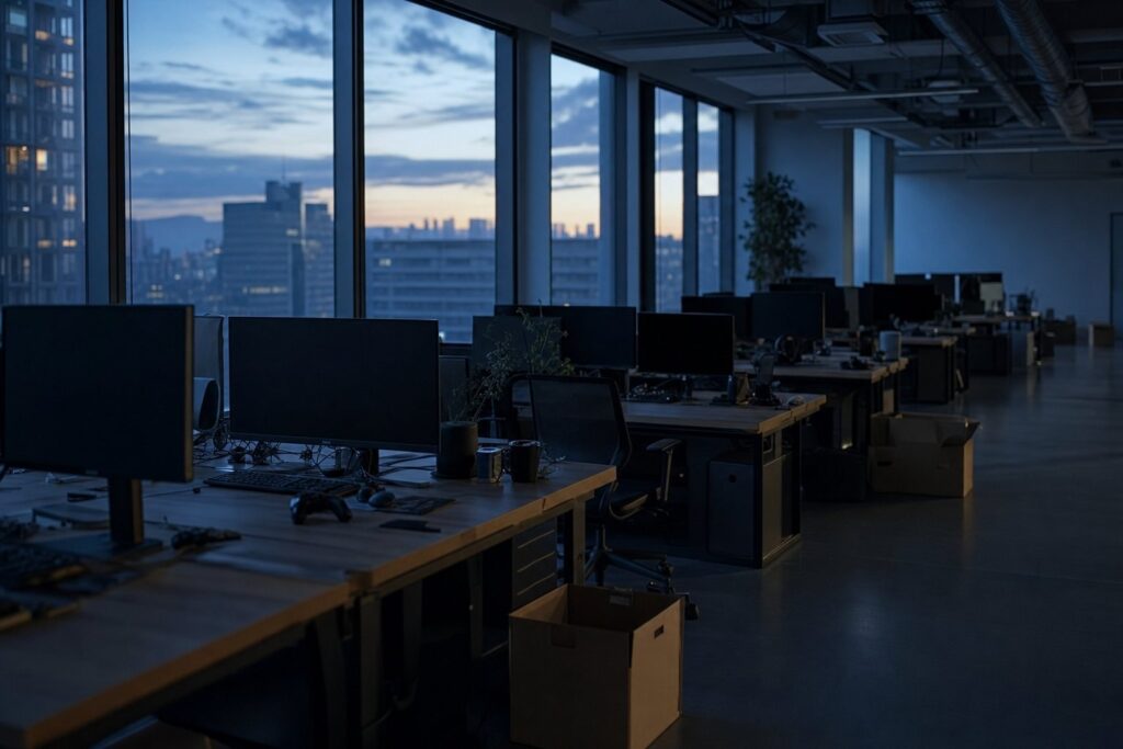 Empty open plan game studio office at dusk with dark monitors and cardboard moving boxes