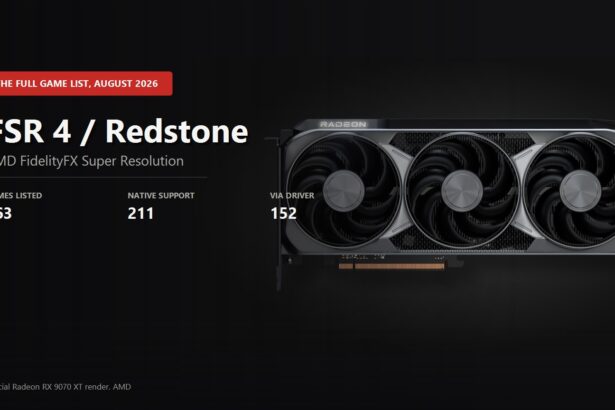 Official Radeon RX 9070 XT render with the number of games supporting AMD FSR 4 and Redstone