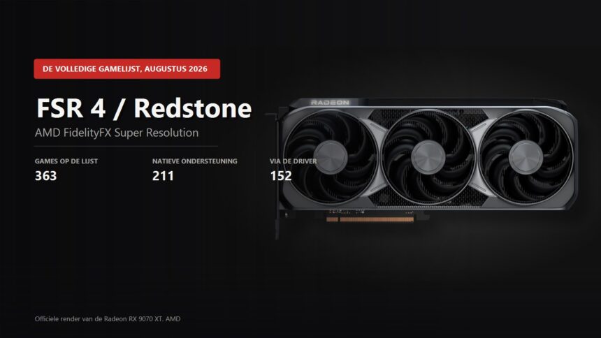 Official Radeon RX 9070 XT render with the number of games supporting AMD FSR 4 and Redstone