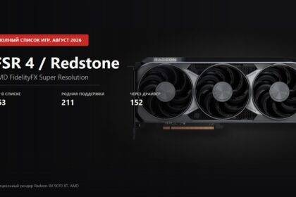 Official Radeon RX 9070 XT render with the number of games supporting AMD FSR 4 and Redstone