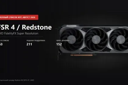 Official Radeon RX 9070 XT render with the number of games supporting AMD FSR 4 and Redstone