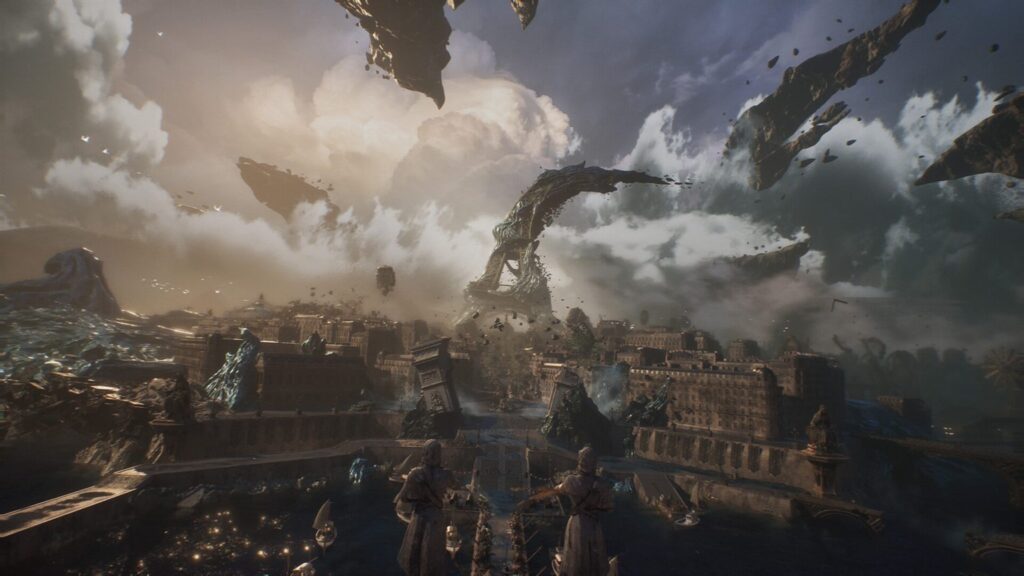 A ruined city under floating rock formations with a collapsing tower in Clair Obscur: Expedition 33