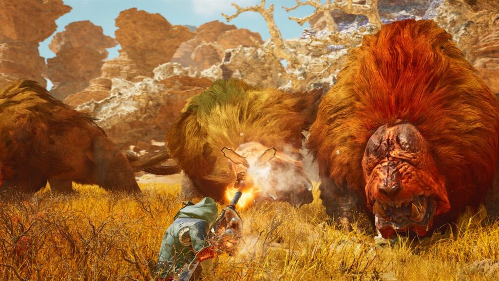 A hunter facing three large maned monsters in a dry grass plain in Monster Hunter Wilds