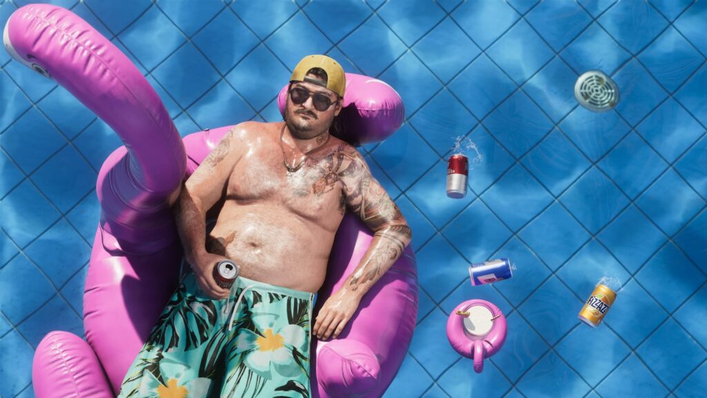 A GTA 6 character floating in a pool on a pink flamingo ring