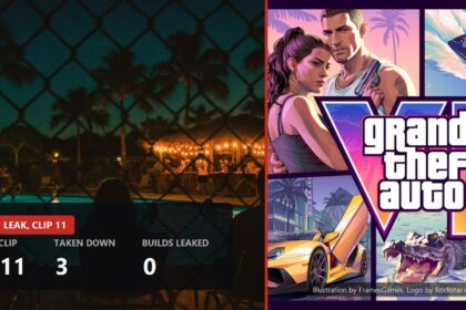 Split cover: night pool party photo on the left, official Grand Theft Auto VI art on the right