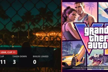 Split cover: night pool party photo on the left, official Grand Theft Auto VI art on the right