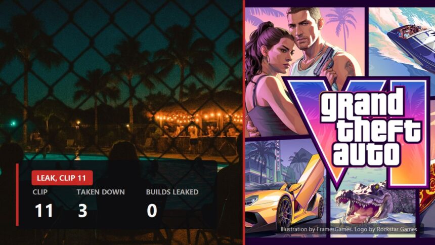 Split cover: night pool party photo on the left, official Grand Theft Auto VI art on the right