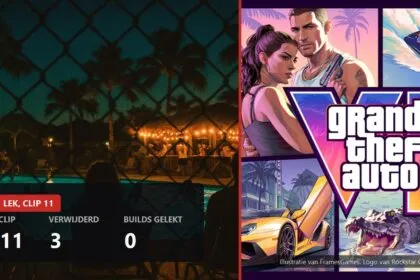 Split cover: night pool party photo on the left, official Grand Theft Auto VI art on the right