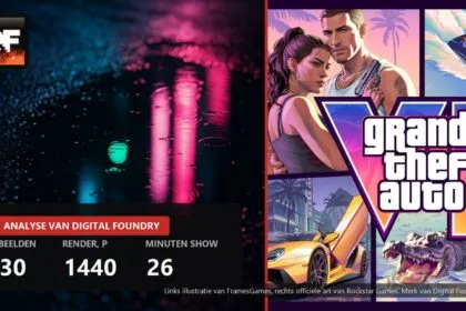 Split cover with the Digital Foundry mark, neon reflections and official Grand Theft Auto VI art