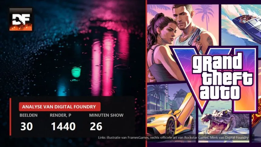 Split cover with the Digital Foundry mark, neon reflections and official Grand Theft Auto VI art