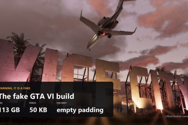 Official Grand Theft Auto VI screenshot with a warning about a fake leaked build