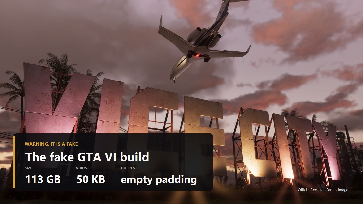 Official Grand Theft Auto VI screenshot with a warning about a fake leaked build