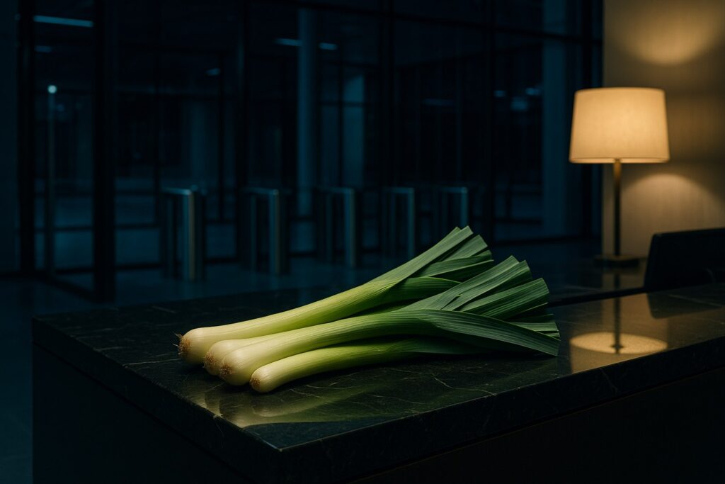Fresh leeks on a marble reception desk in an empty office lobby