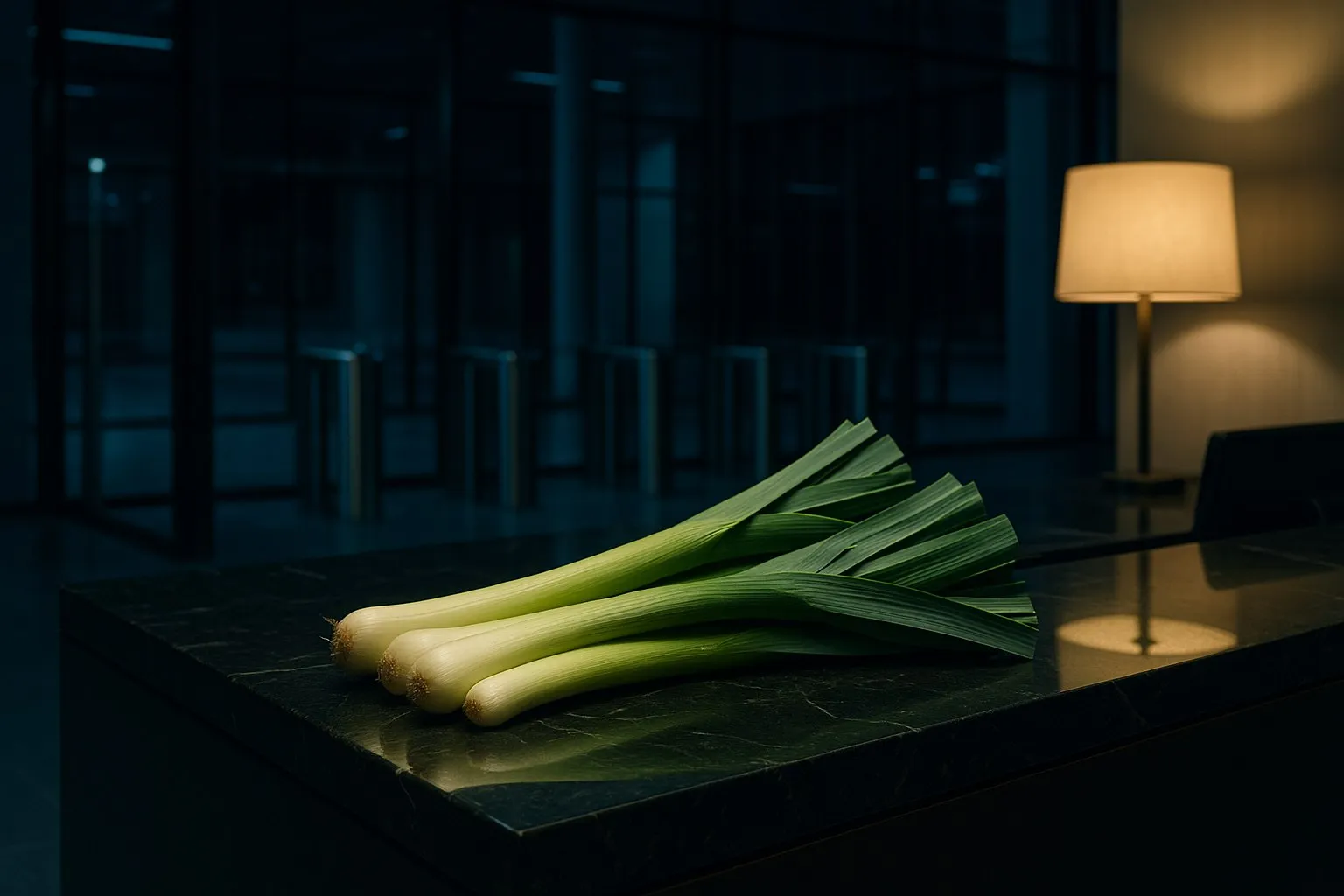 Fresh green leeks lying on a marble reception desk in an empty office lobby at night