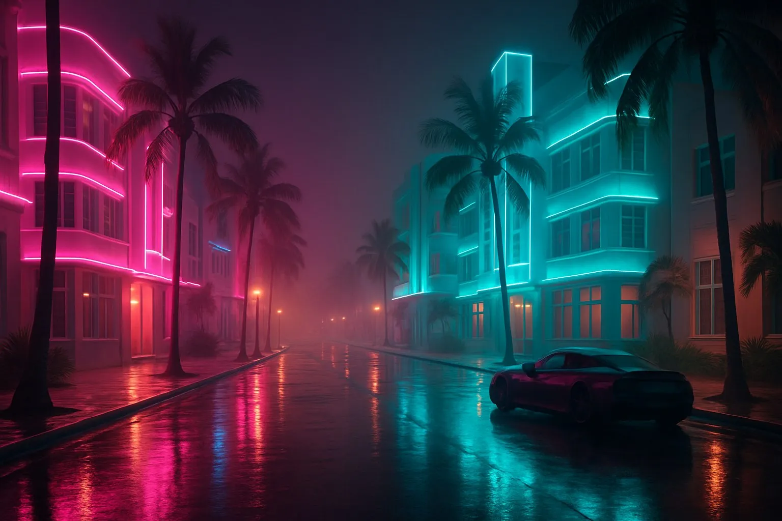 A neon lit city street at night after rain with palm trees and wet asphalt