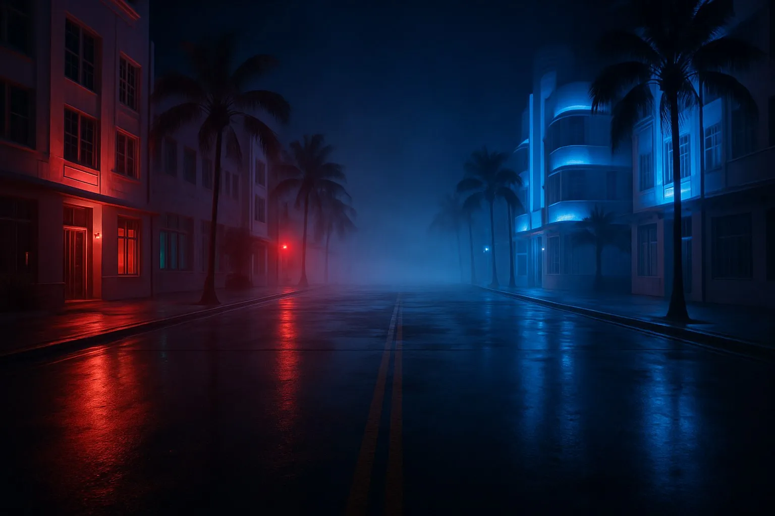 Blue and red police lights washing across a wet night street with palm trees