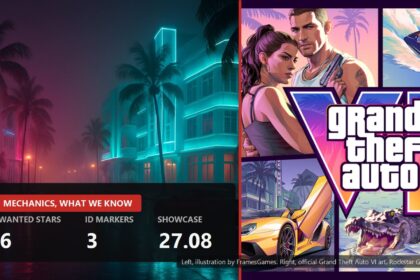 Split cover: neon night street illustration and official Grand Theft Auto VI art