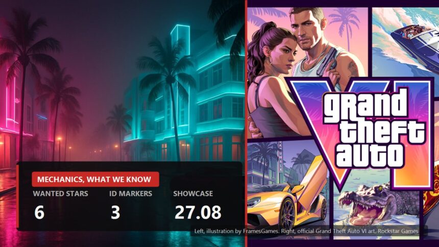 Split cover: neon night street illustration and official Grand Theft Auto VI art
