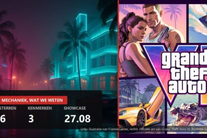 Split cover: neon night street illustration and official Grand Theft Auto VI art