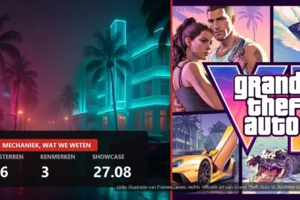 Split cover: neon night street illustration and official Grand Theft Auto VI art