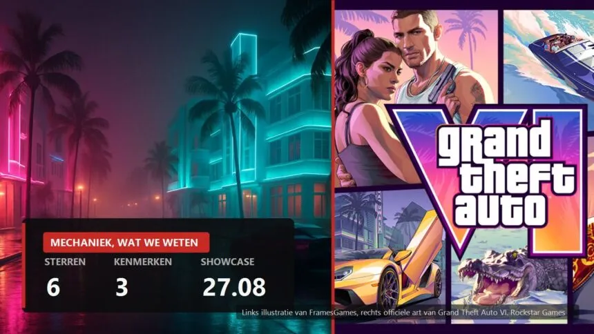 Split cover: neon night street illustration and official Grand Theft Auto VI art