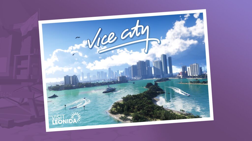 Vice City postcard artwork with the bay and the skyline