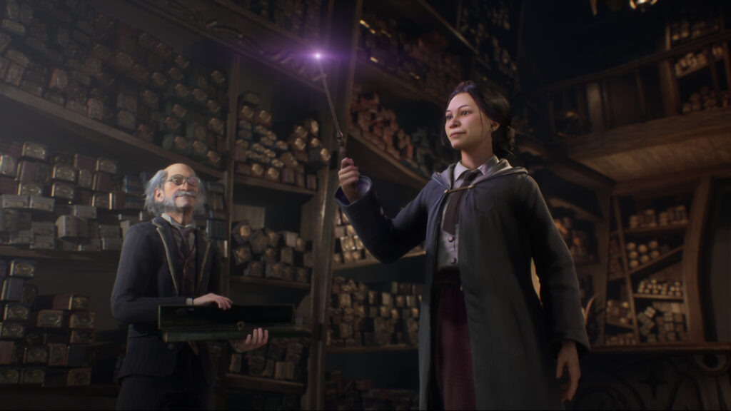 A wand shop in Hogwarts Legacy