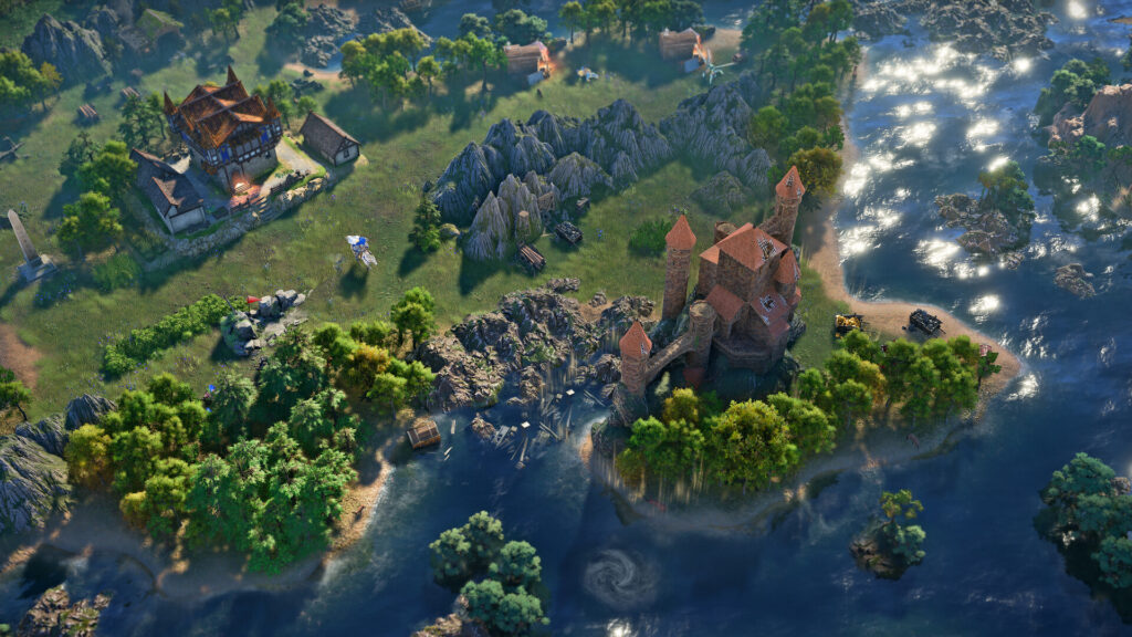 The adventure map with a castle by the water in Heroes of Might and Magic III Remake