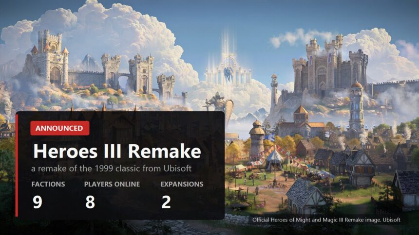 Heroes of Might and Magic III Remake key visual over the rebuilt Castle town