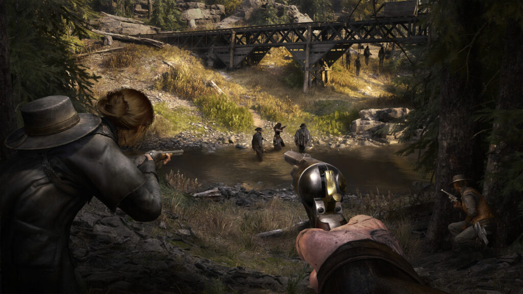 Two hunters aiming down at a group crossing a shallow river valley in Hunt: Showdown