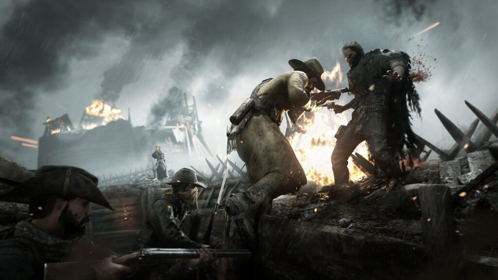 A team of hunters fighting a large mutated boss amid fire and smoke in Hunt: Showdown