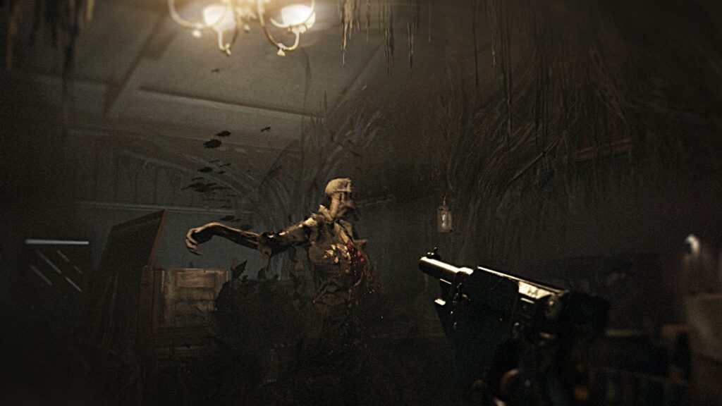 A hunter aiming at a mutated enemy inside a dilapidated interior in Hunt: Showdown