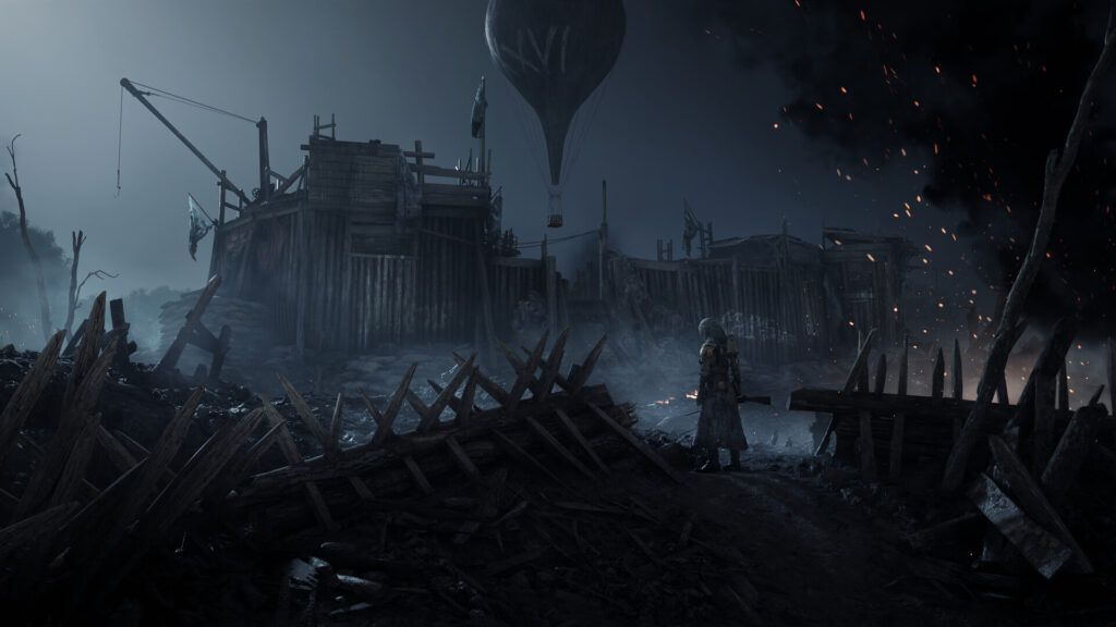 Foggy night compound with a hot air balloon and volumetric lighting in Hunt: Showdown