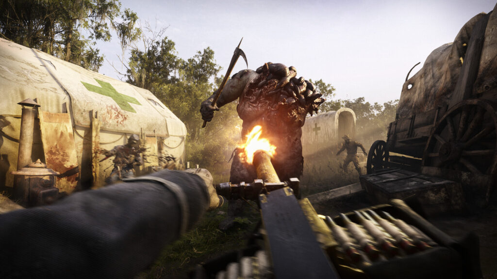 A hunter aiming a shotgun at a burning mutated creature between covered wagons in Hunt: Showdown