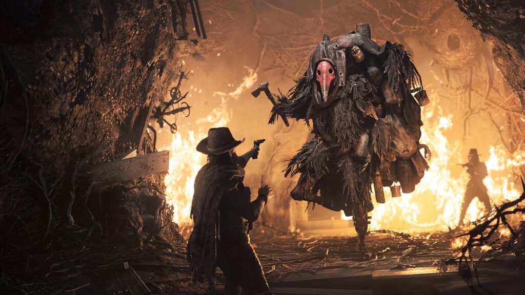 Two hunters fighting the Scrapbeak boss surrounded by fire in Hunt: Showdown