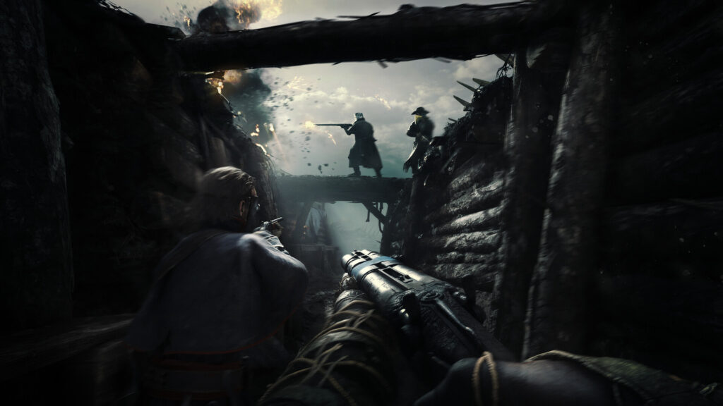 A hunter watching two enemies cross a wooden bridge through a gap in a barn wall in Hunt: Showdown