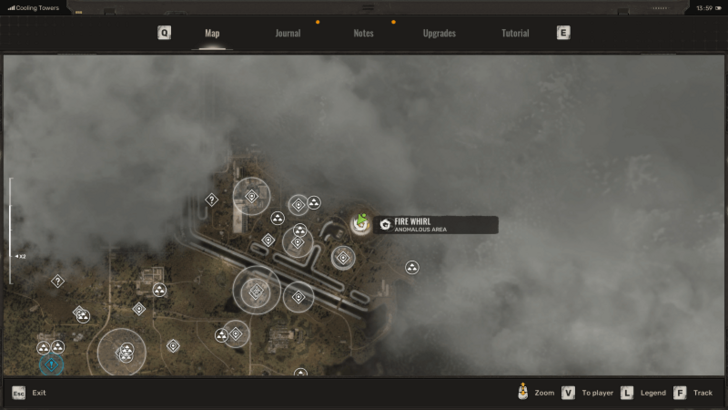 In-game map of the Cooling Towers with the Fire Whirl anomaly marked