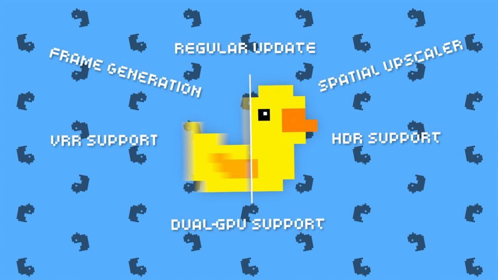 Official developer illustration listing Lossless Scaling features: frame generation, spatial upscaler, VRR, HDR and dual GPU support