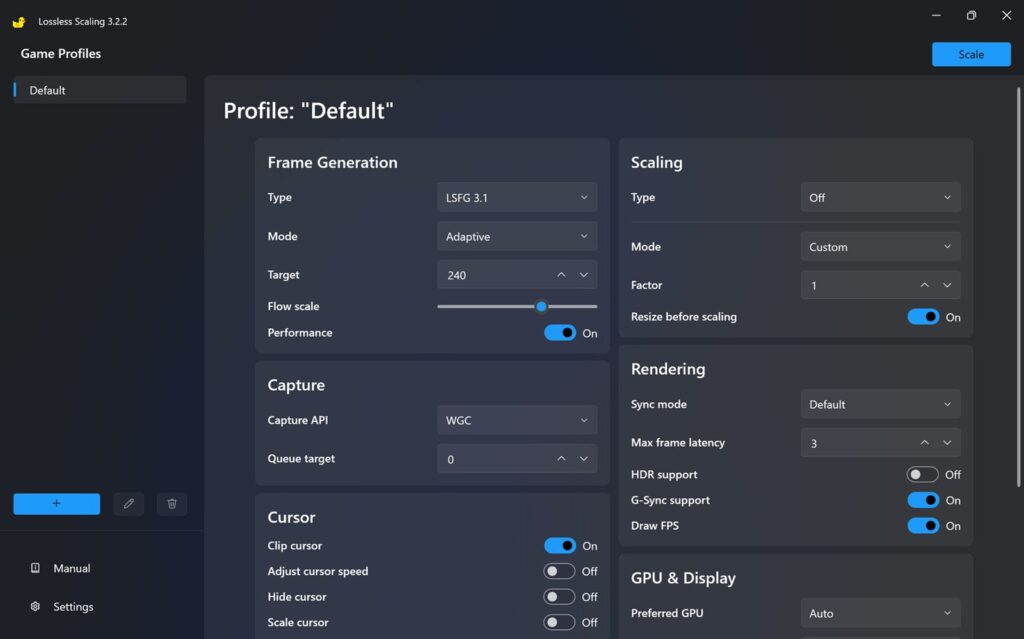 Official developer screenshot of the Lossless Scaling 3.2.2 interface showing frame generation, capture and scaling settings