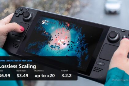 Steam Deck held in hands with Lossless Scaling key figures: price, multiplier and version
