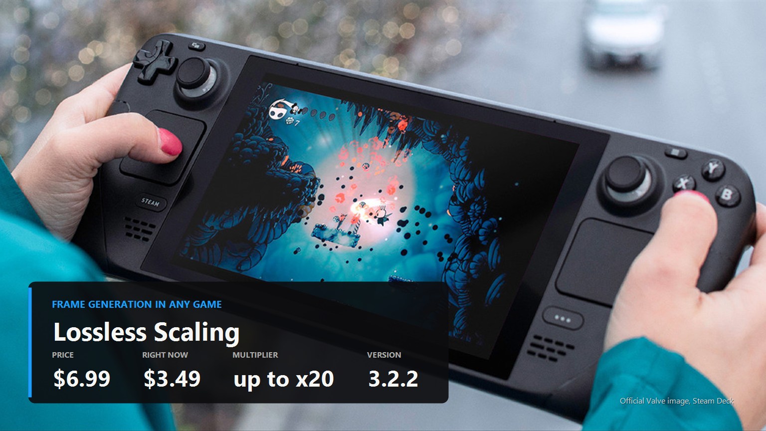 Steam Deck held in hands with Lossless Scaling key figures: price, multiplier and version