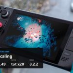 Steam Deck held in hands with Lossless Scaling key figures: price, multiplier and version