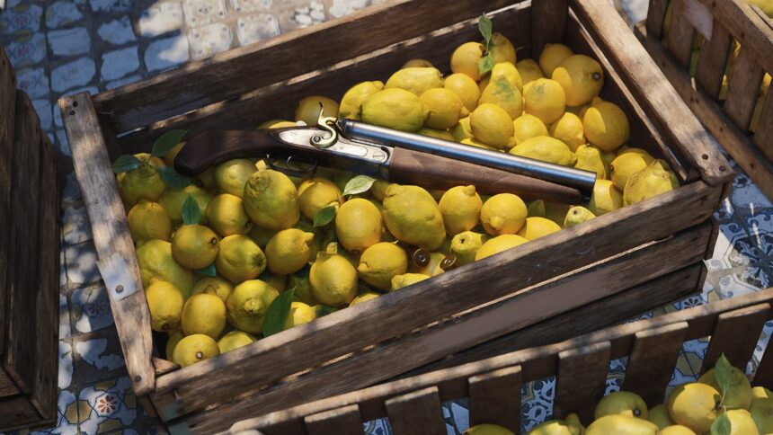 A sawn off lupara hidden in a crate of lemons