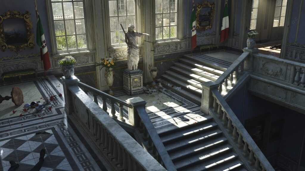 The grand staircase of a mansion, light pouring through tall windows